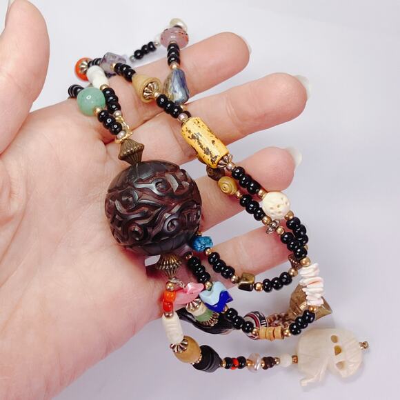 VTG Necklace Treasure Glass Carved Shell Gemstone Coral Trade Style Bead Heishi - Picture 7 of 14